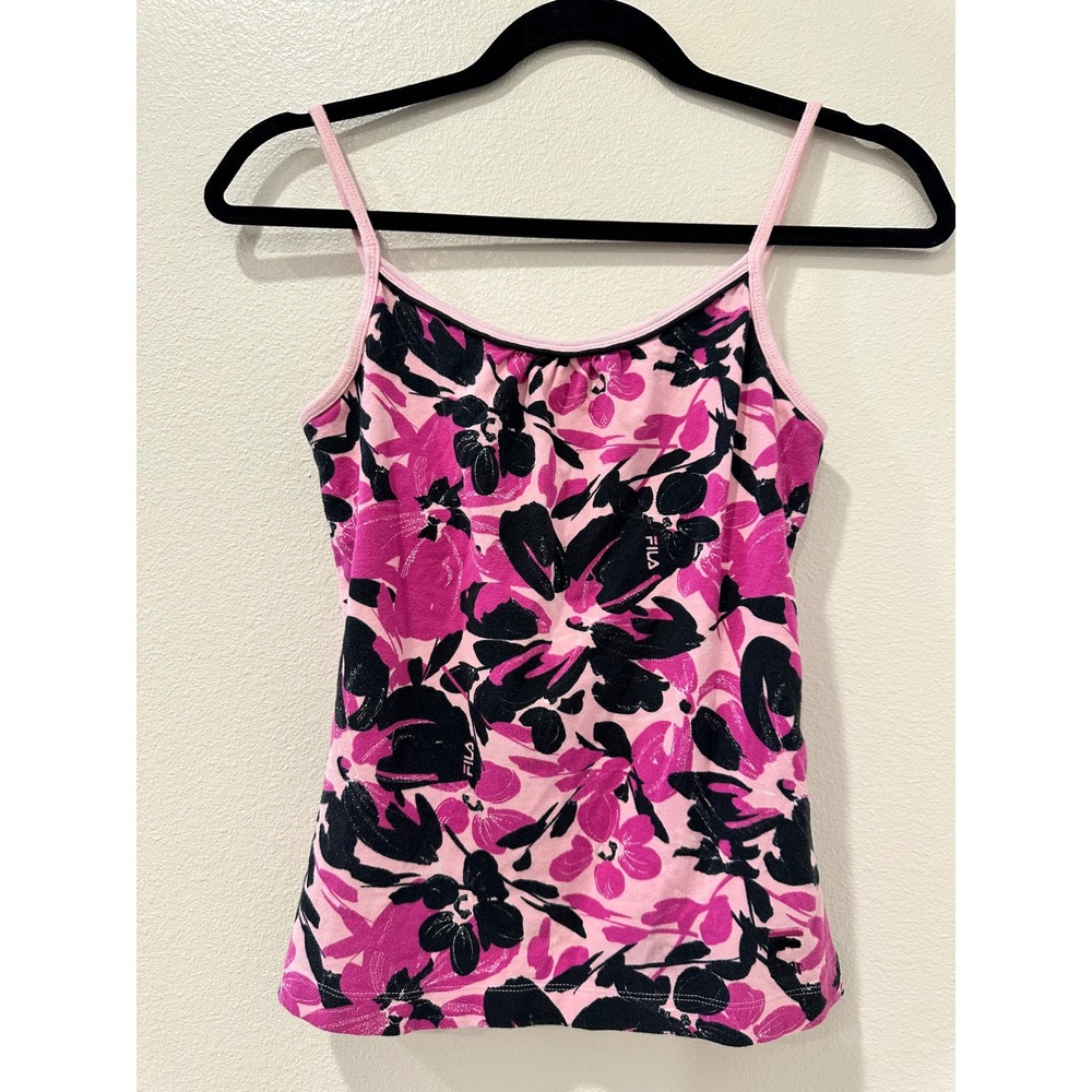 Vintage Y2K Fila Sport Pink Black Floral Camisole Tank Top Shelf Bra Small